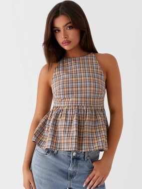 Pepper Mayo Size US 8 Plaid Halter Peplum Tie Top in Brown and Blue